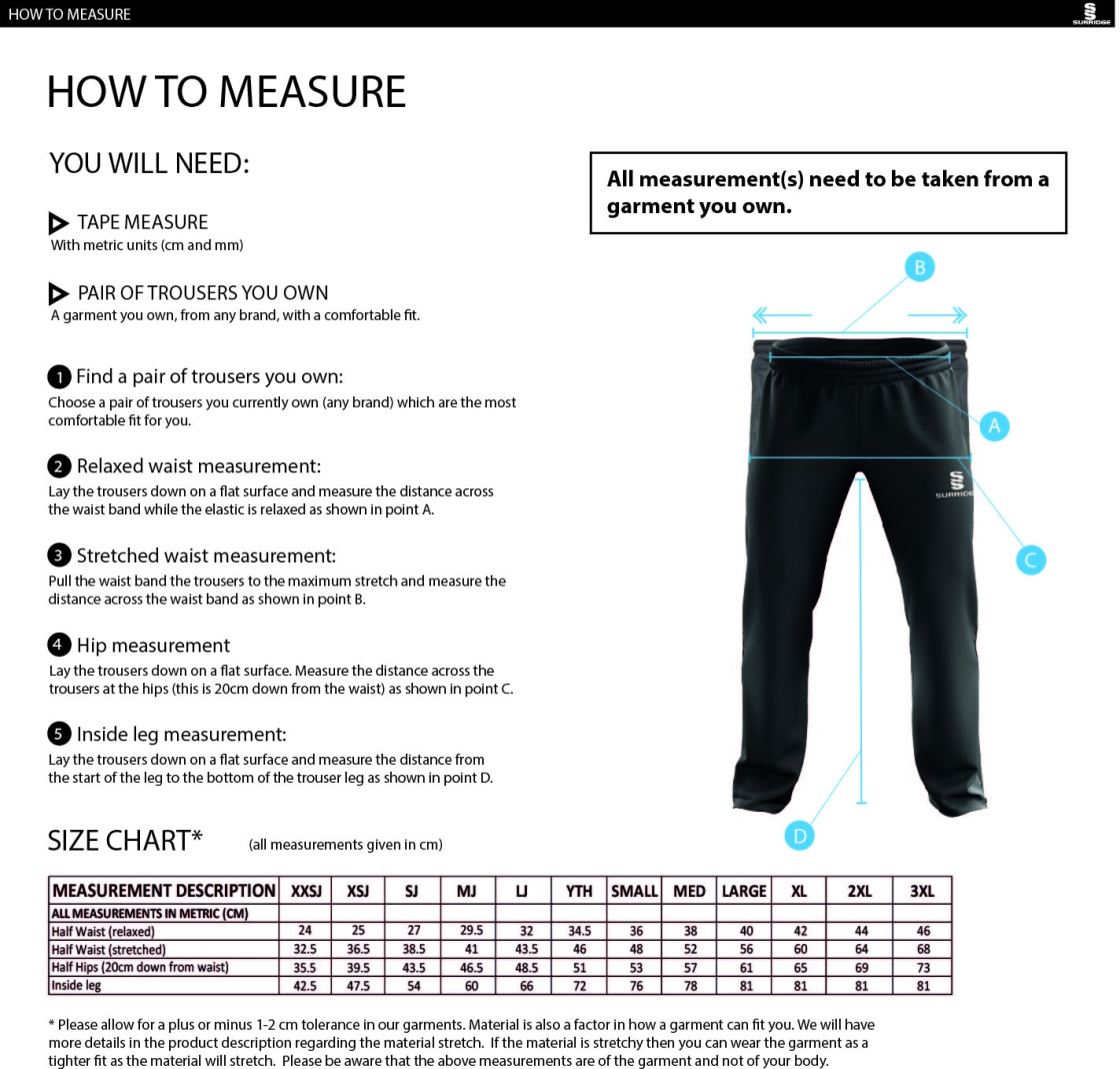 Madrefs - Dual Poplin Track Pant with Lycra - Size Guide