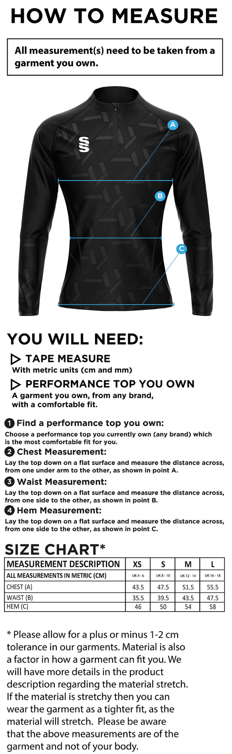 Madrefs - Impact 1/4 Zip Performance Top - Women's Fit - Size Guide