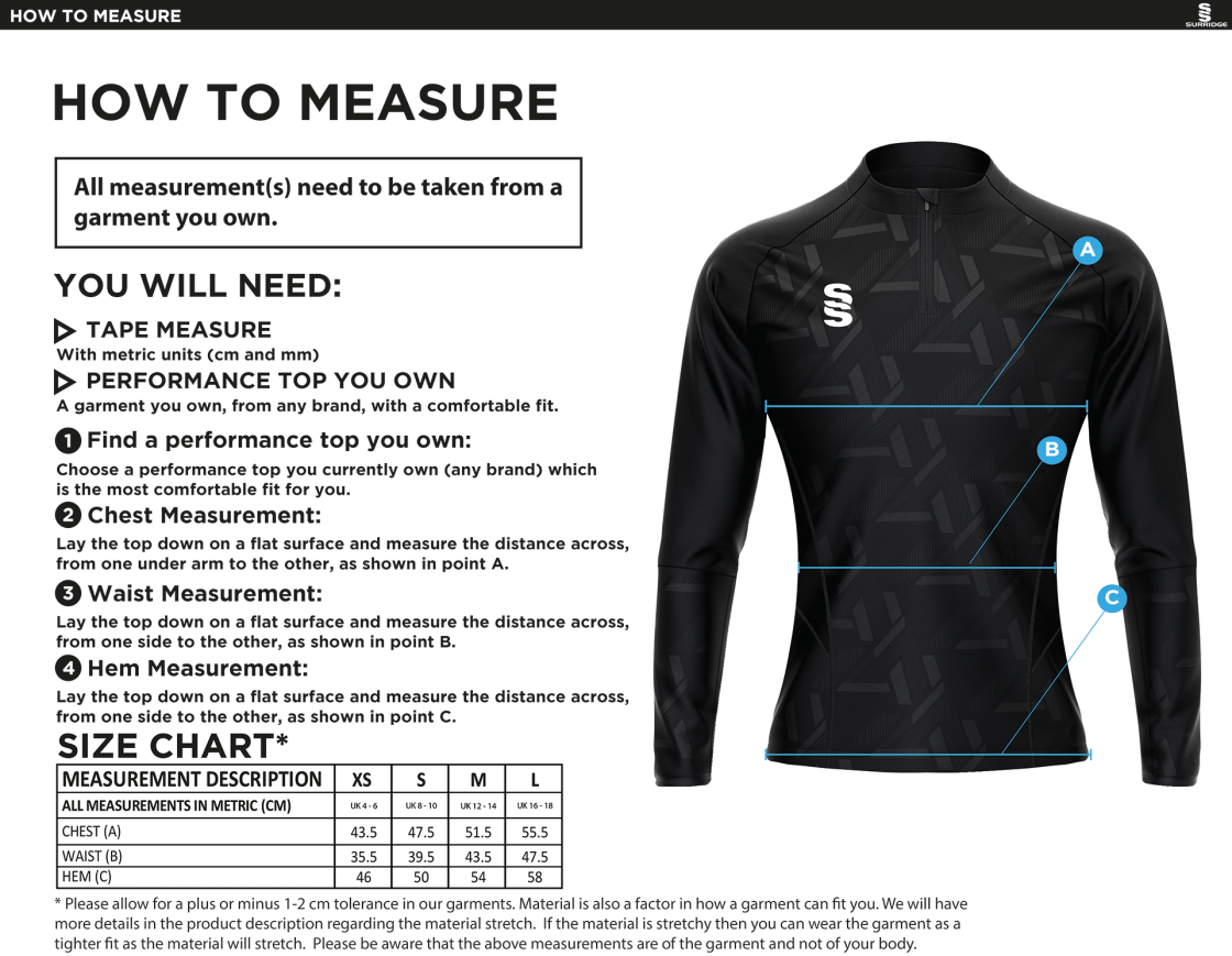 Madrefs - Impact 1/4 Zip Performance Top - Women's Fit - Size Guide